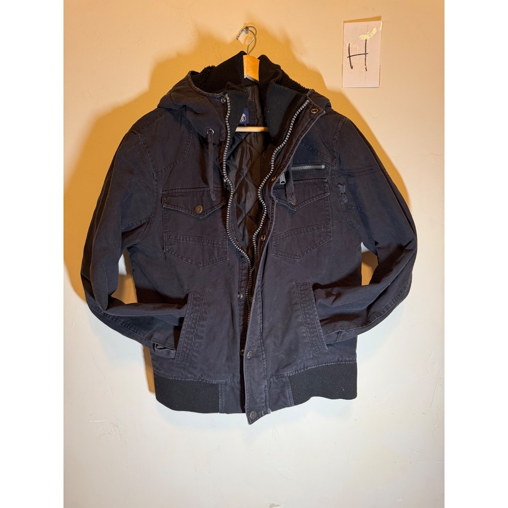 VTG Y2K Route 66 Jacket Hooded Canvas Bomber Utility Distressed Black Mens Small